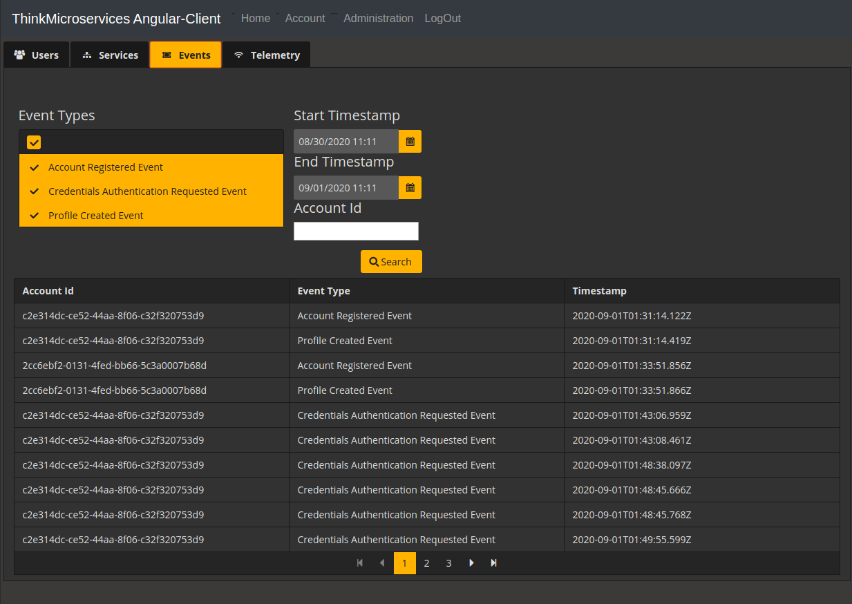 Angular Client Administration Events table.