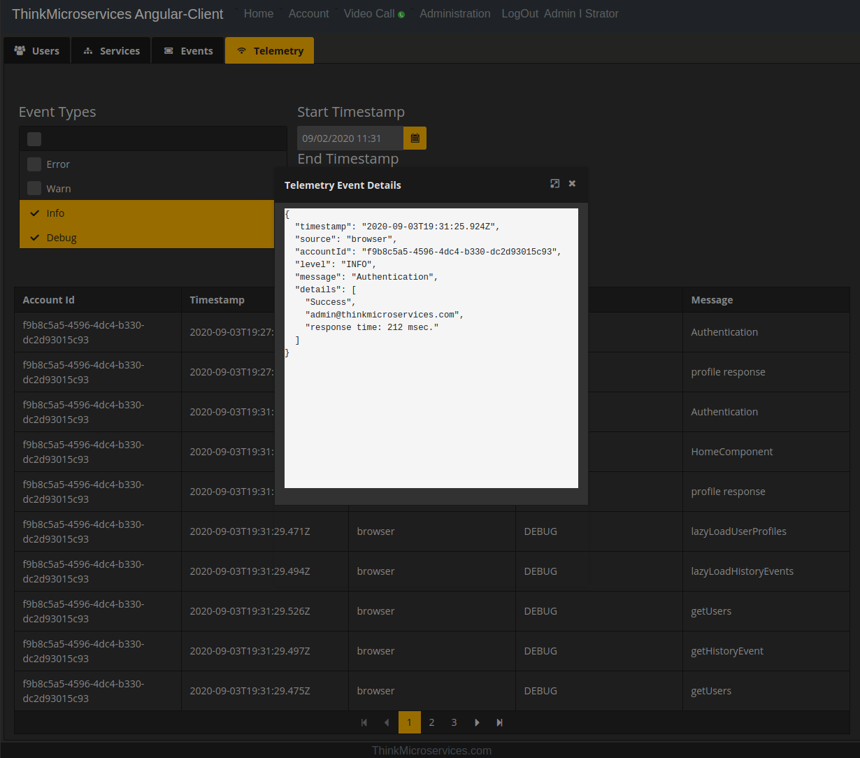 Angular Client Administration Telemetry Detail.