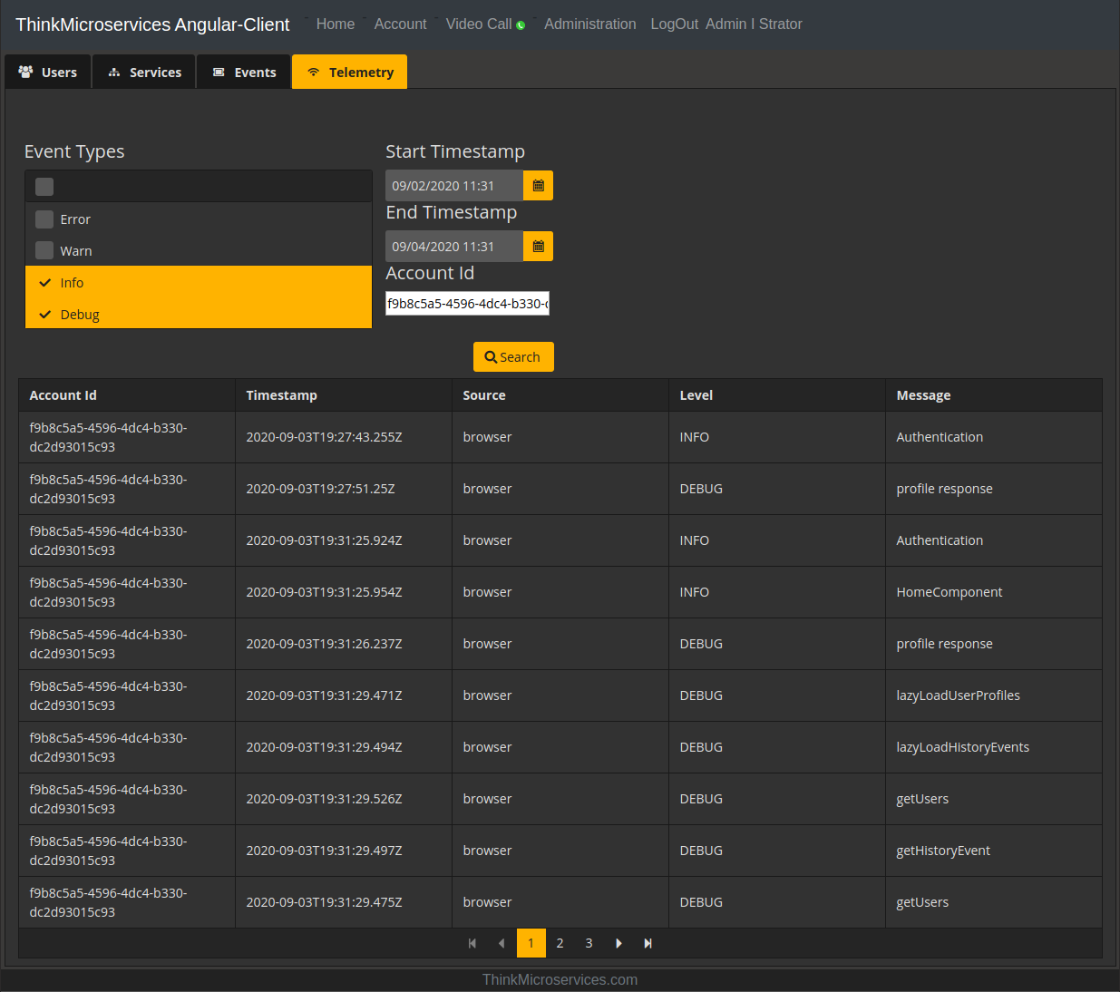 Angular Client Administration Telemetry.