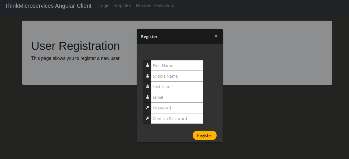 Angular Client Registration Dialog.