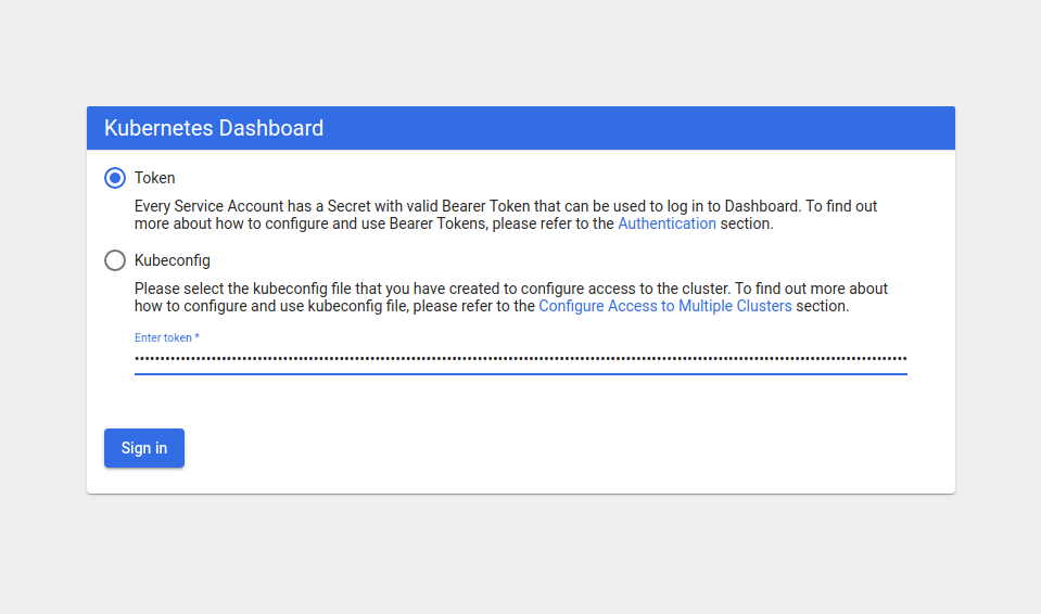 Kubernetes Dashboard Authentication with token