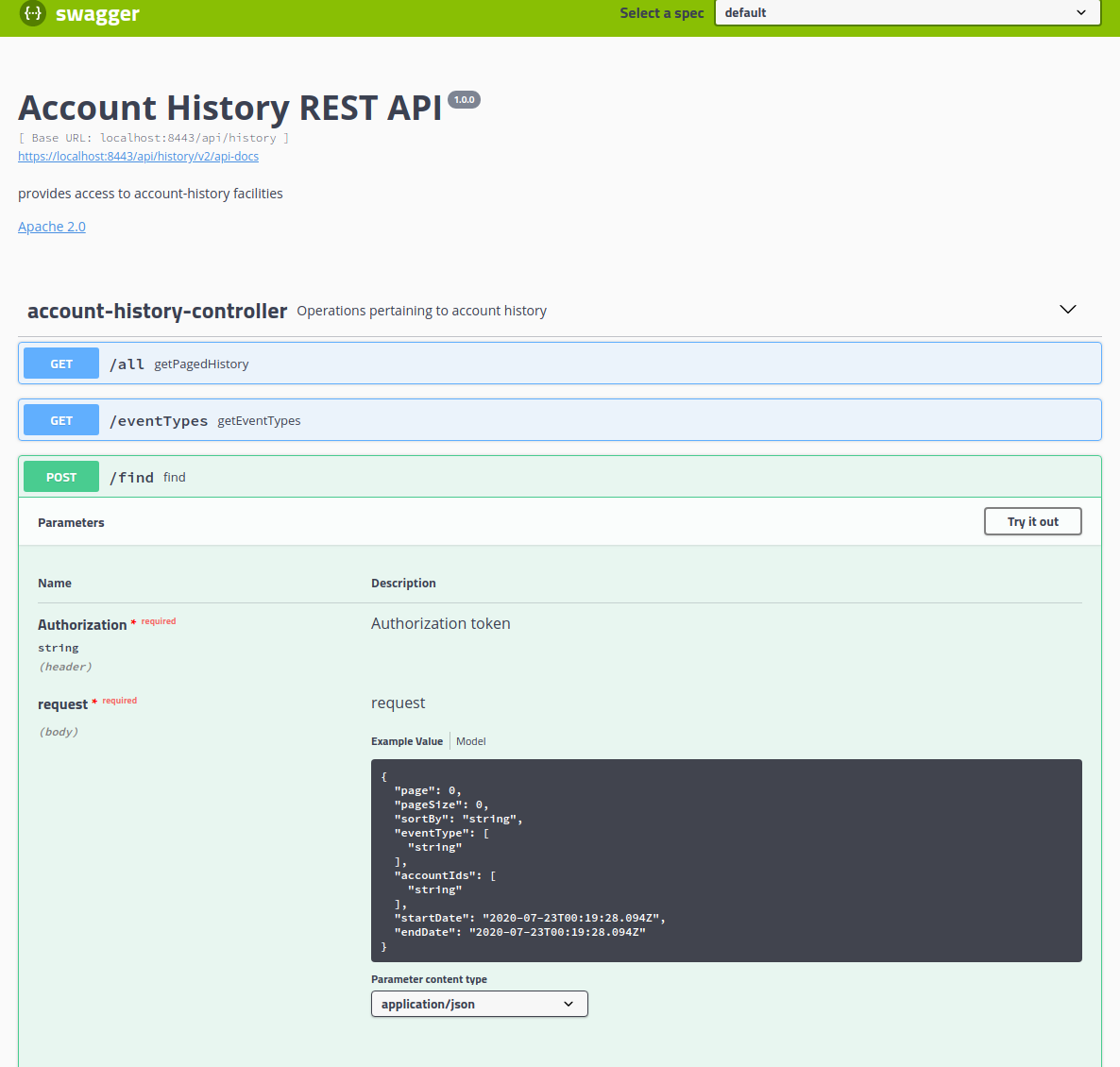 Account History Swagger UI- find -form