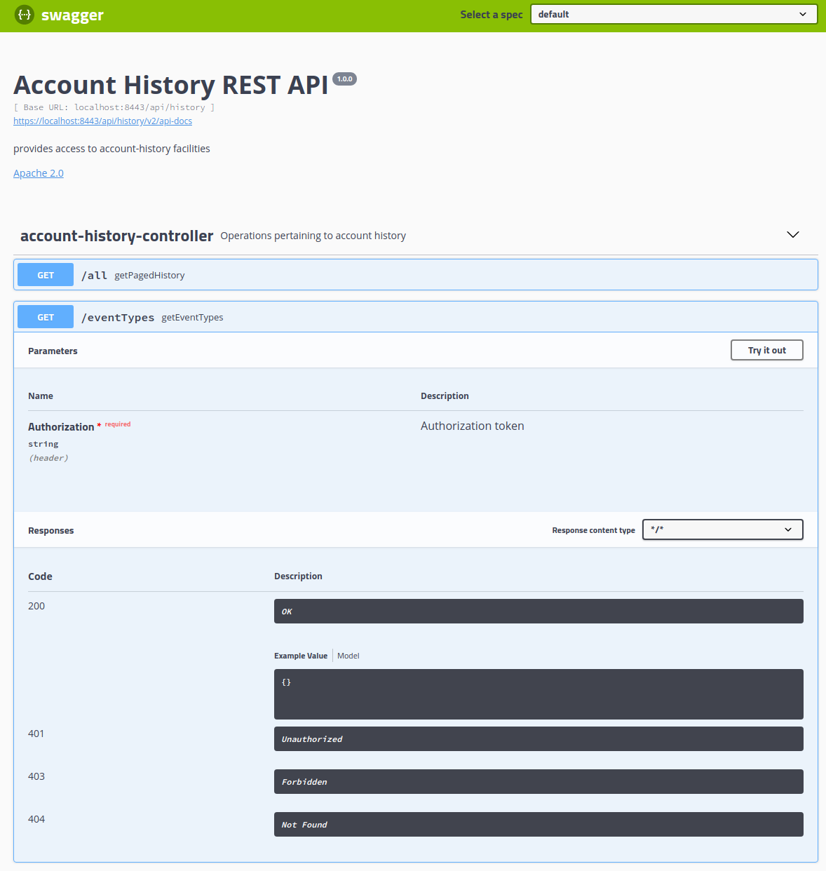 Account History Swagger UI- getEventTypes -form