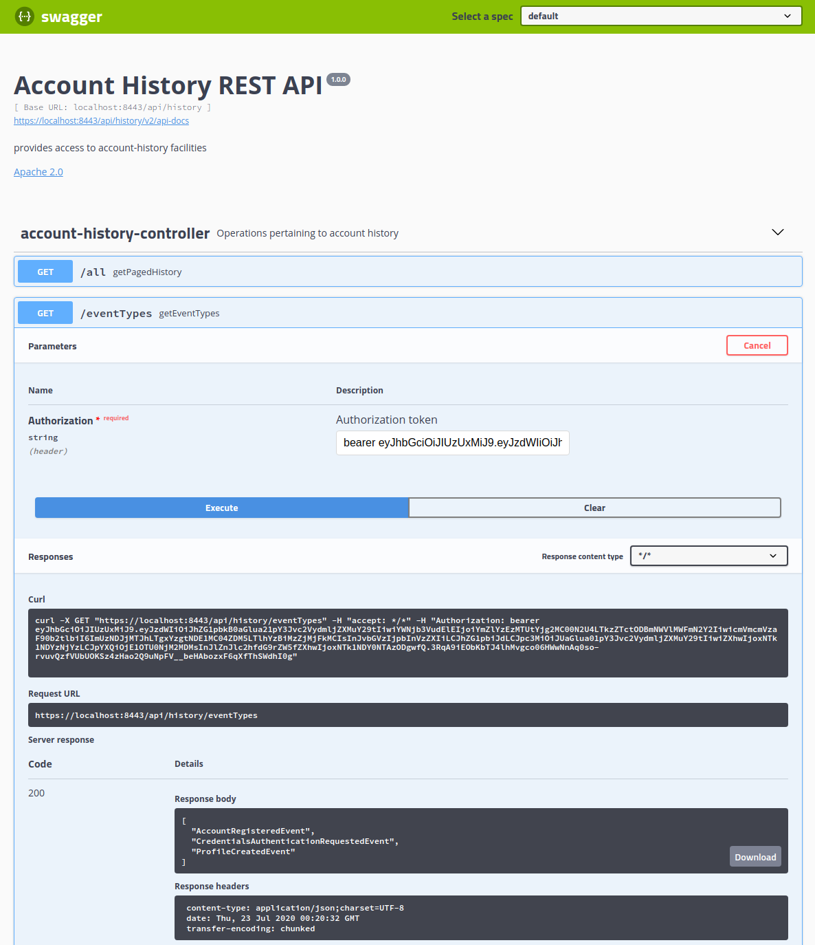 Account History Swagger UI- getEventTypes -result